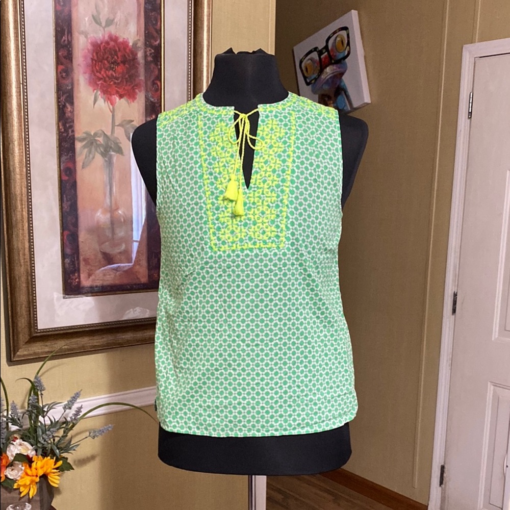 J. Crew Mint Green Blouse with Yellow Detailing